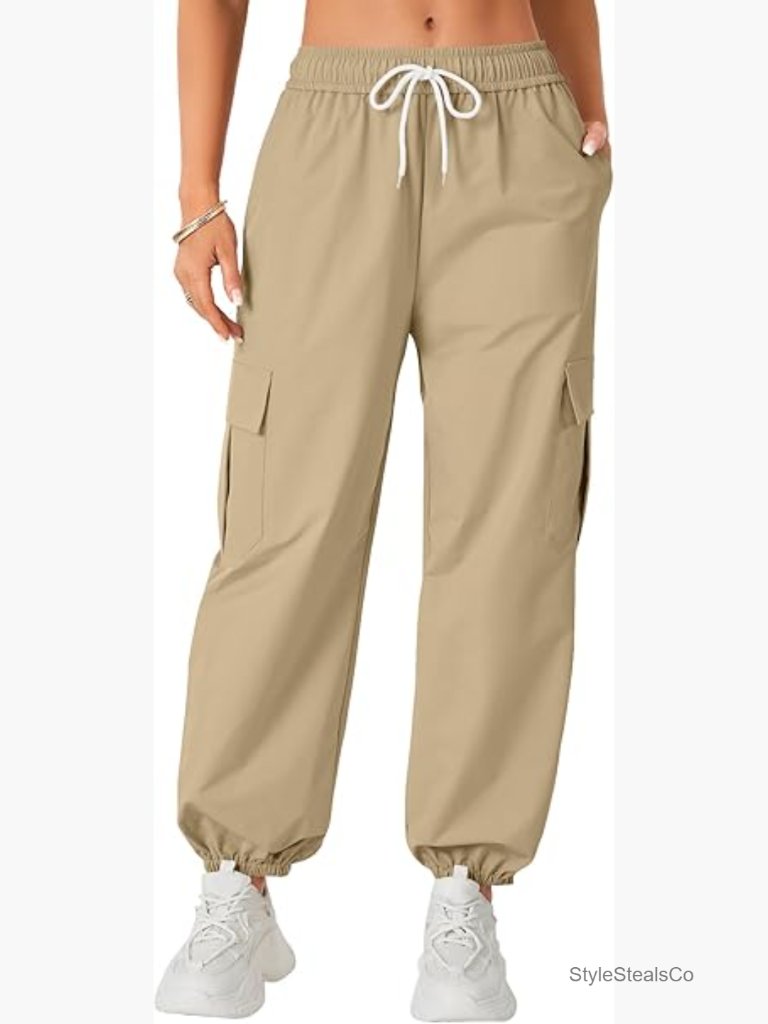 High Waisted Cargo Joggers With Pockets Elastic Waist Drawstring Casual Pants